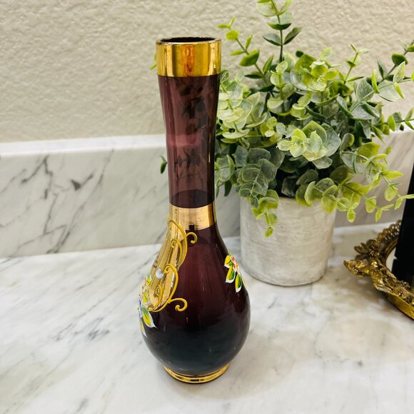 💰3/$15💰VTG  Hand painted amethyst floral bud vase bright gold - Picture 11 of 15